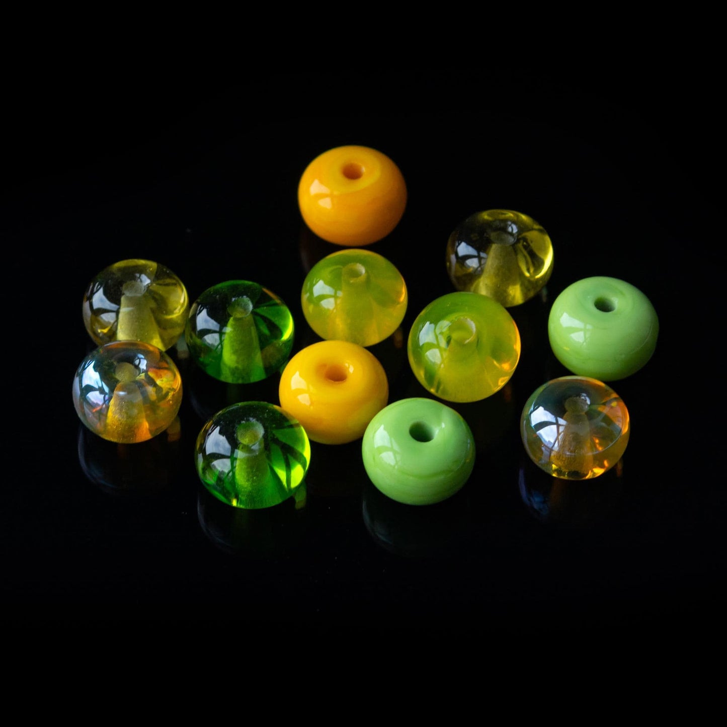 Yellow Green Spacer Beads – Handmade Murano Donut Beads for Jewelry Making – 12 pcs
