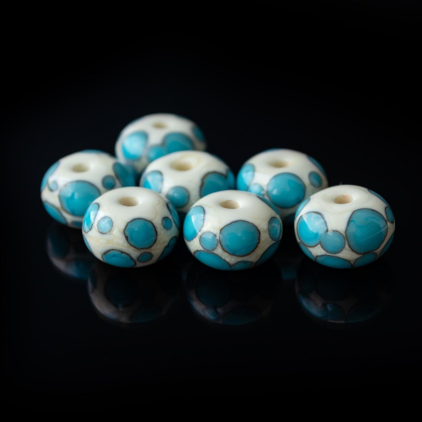 Beige and Blue Handmade Lampwork Dots Glass Spacer Beads