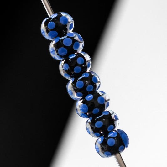 Black and Blue Periwinkle Dots Handmade Lampwork Glass Beads Set