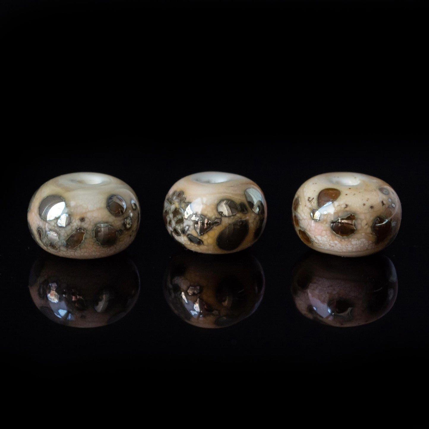 Beige Brown Ivory Handmade Lampwork Dots Glass Spacer Set