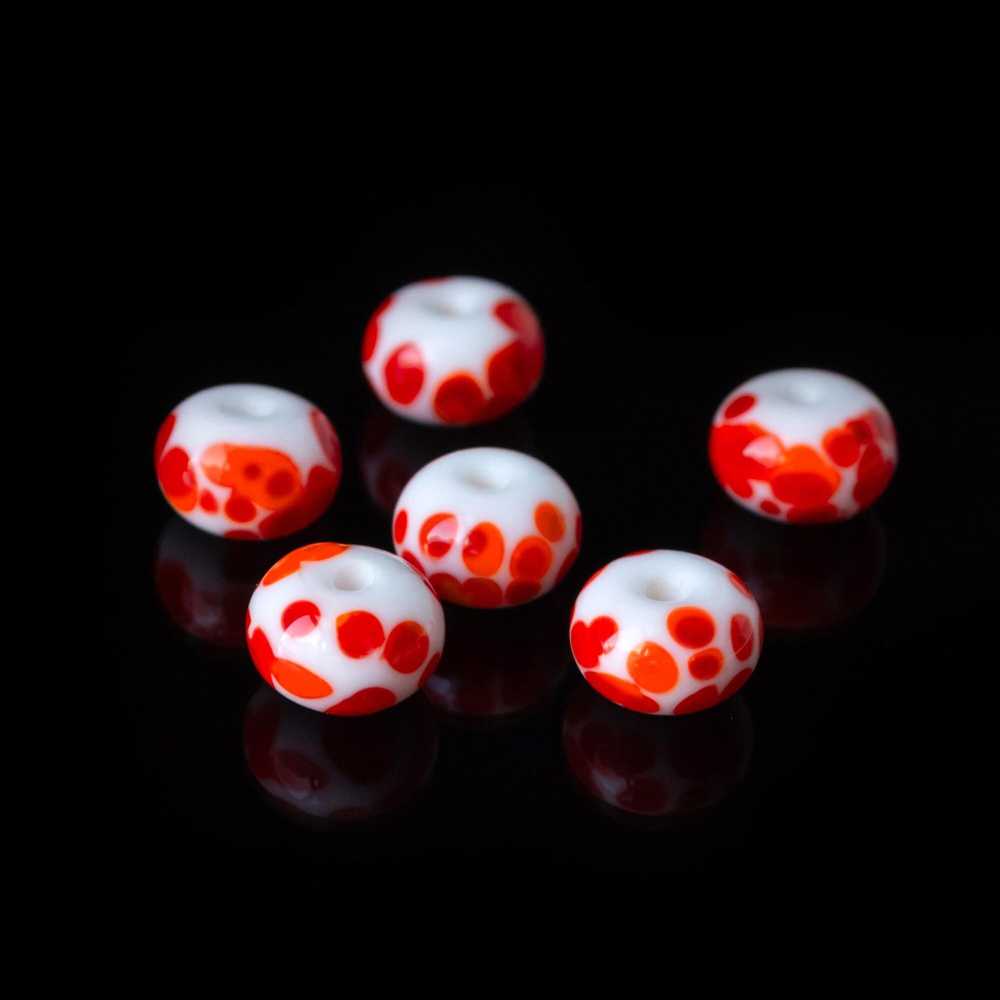 White  Red Orange Frit Handmade Lampwork Glass Spacer Set