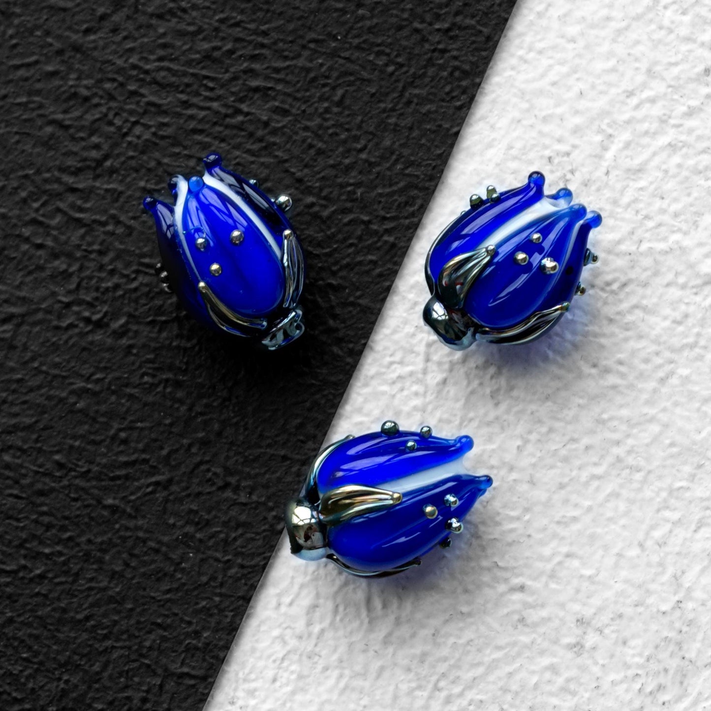 1pc Blue Flower Bud Rose Lampwork Beads Handmade Murano Glass