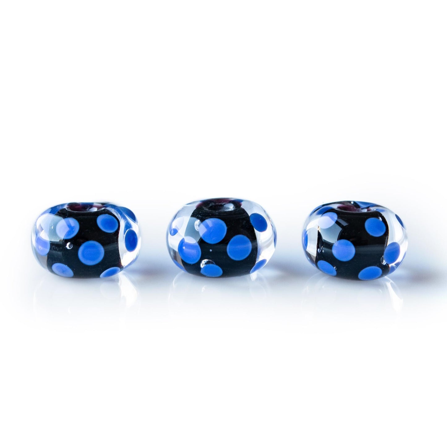 Black and Blue Periwinkle Dots Handmade Lampwork Glass Beads Set