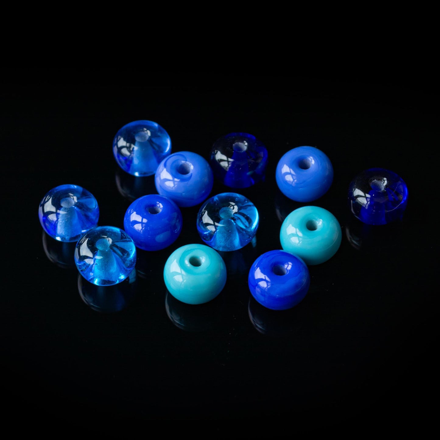 Ocean Blues Lampwork Glass Beads – Handmade Glass Spacer Beads in Aqua, Cobalt, and Sky Blue (Set of 12)