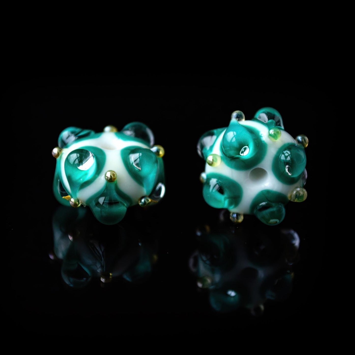 White and Green Handmade Lampwork Glass Focal Beads