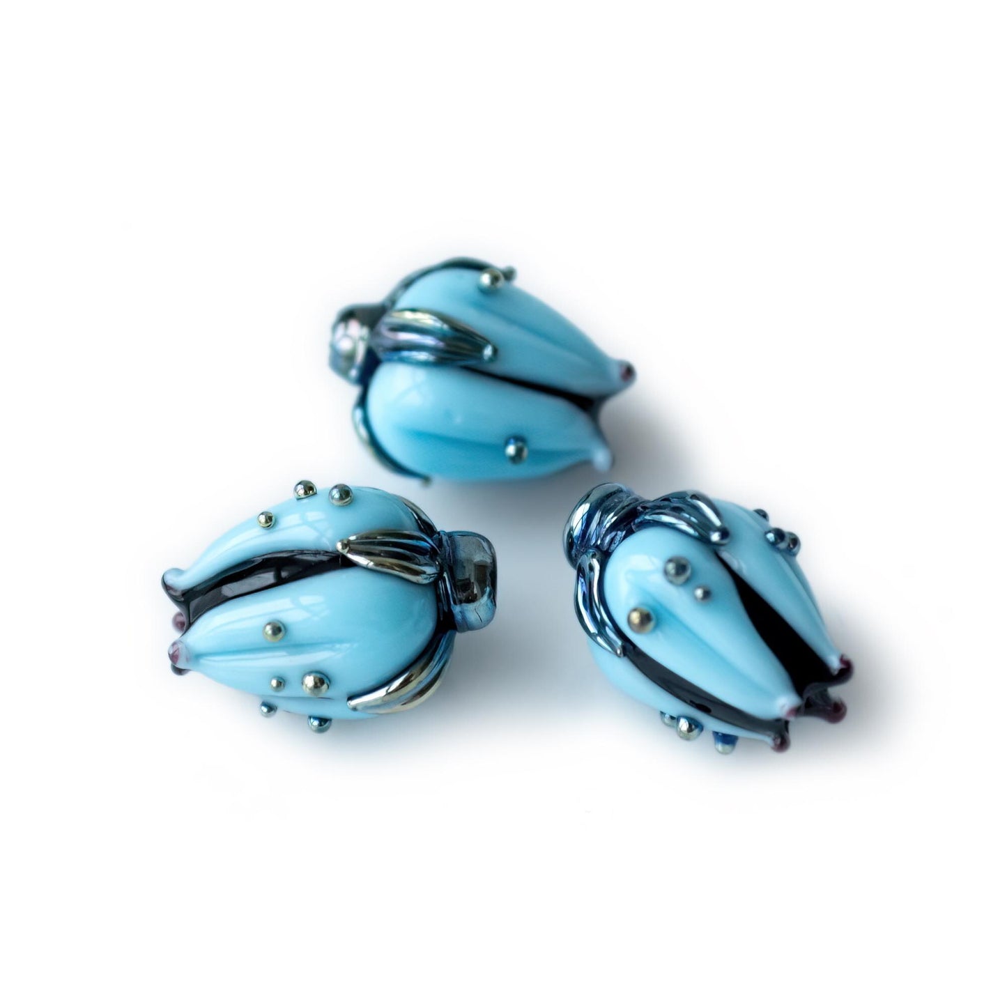 1pc Blue Black Silver Accents Lampwork Glass Floral Tulip Buds