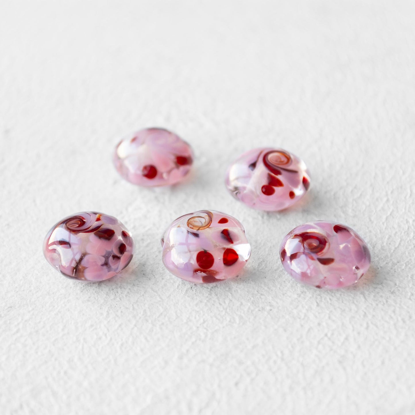 Pink Red Swirled Lentil Lampwork Glass Bead 1pc