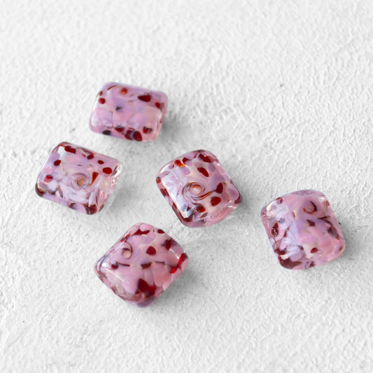Pink Red Swirled Square Lampwork Glass Beads 1pc