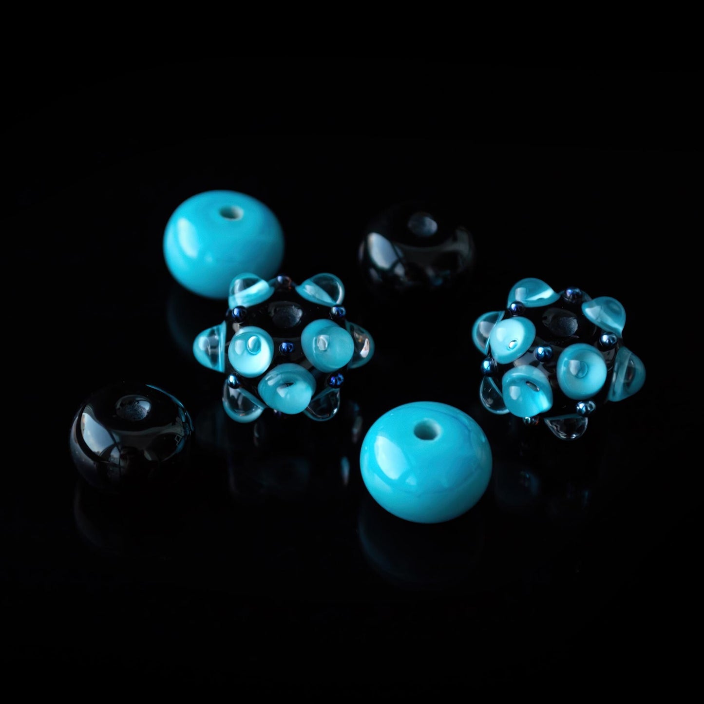 Black and Blue Handmade Lampwork Glass Beads Set