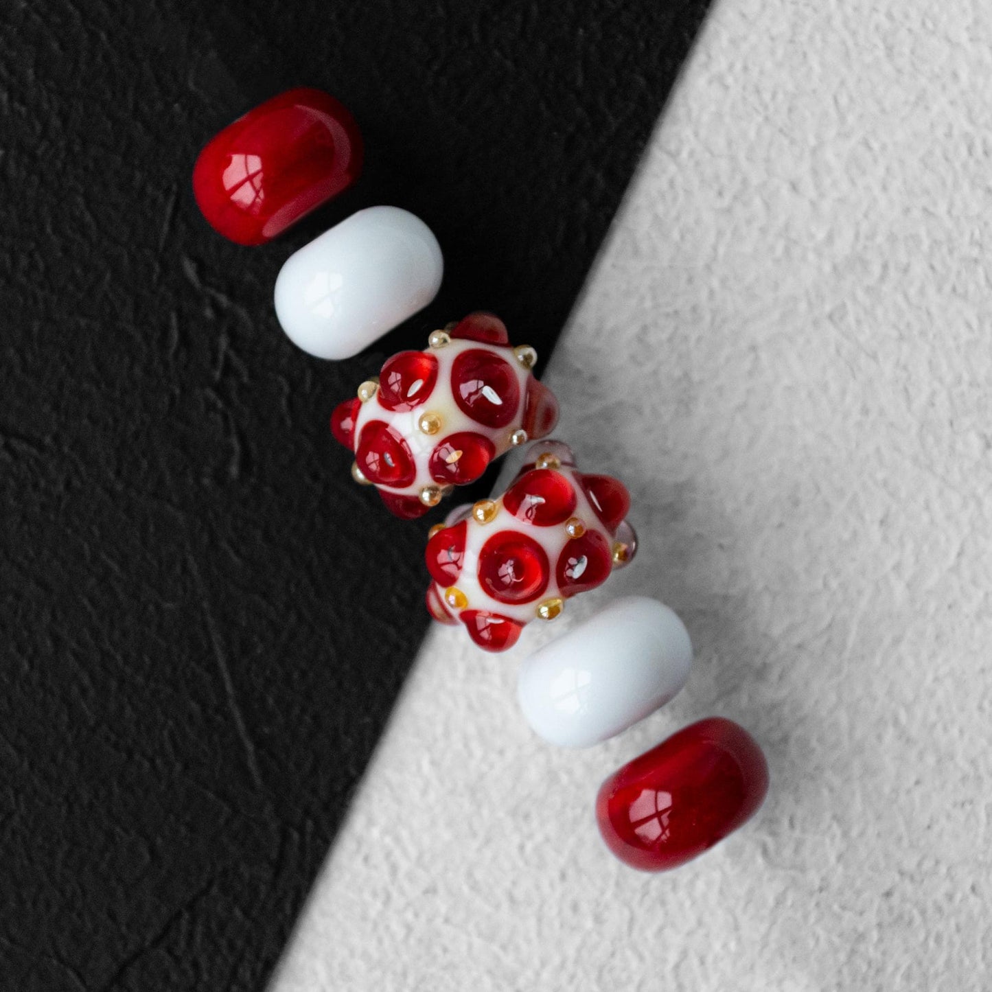 White and Red Transparent Earring Set Handmade Lampwork Glass Beads