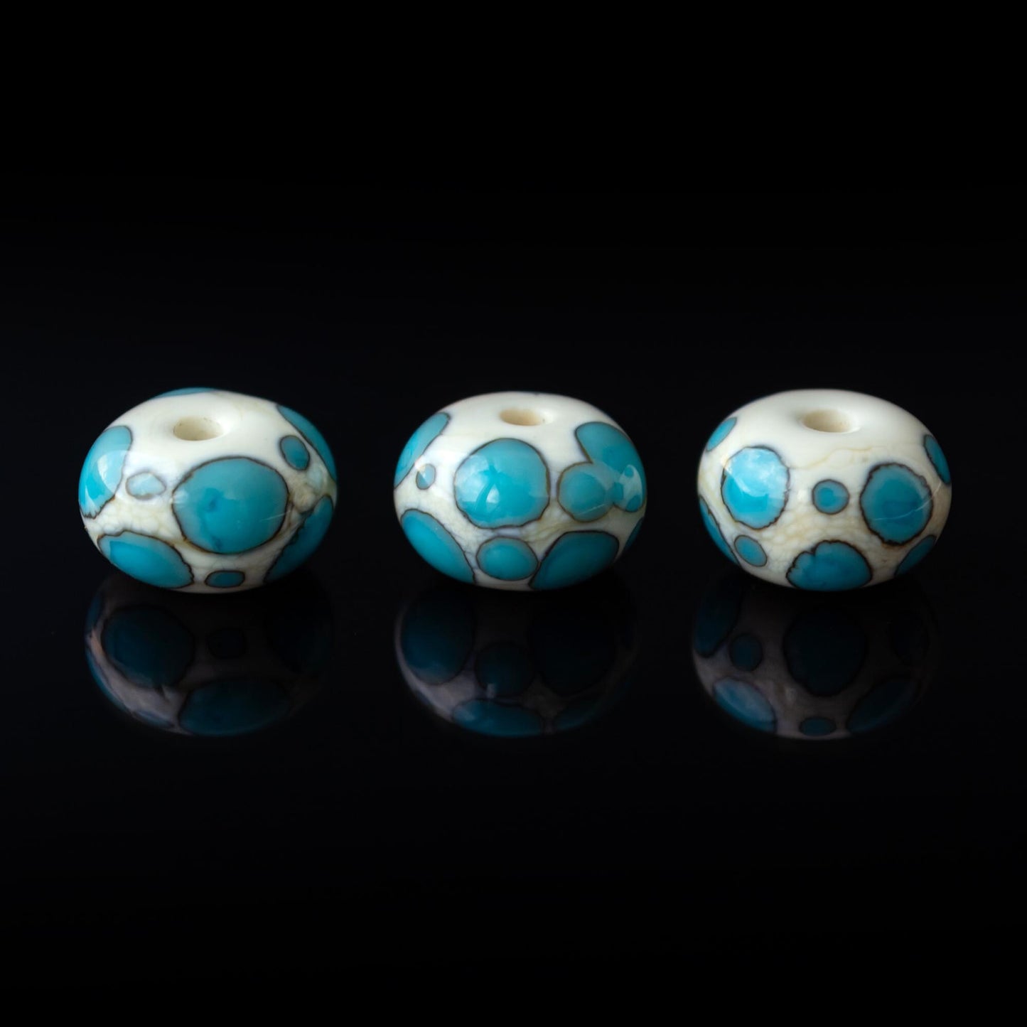 Beige and Blue Handmade Lampwork Dots Glass Spacer Beads