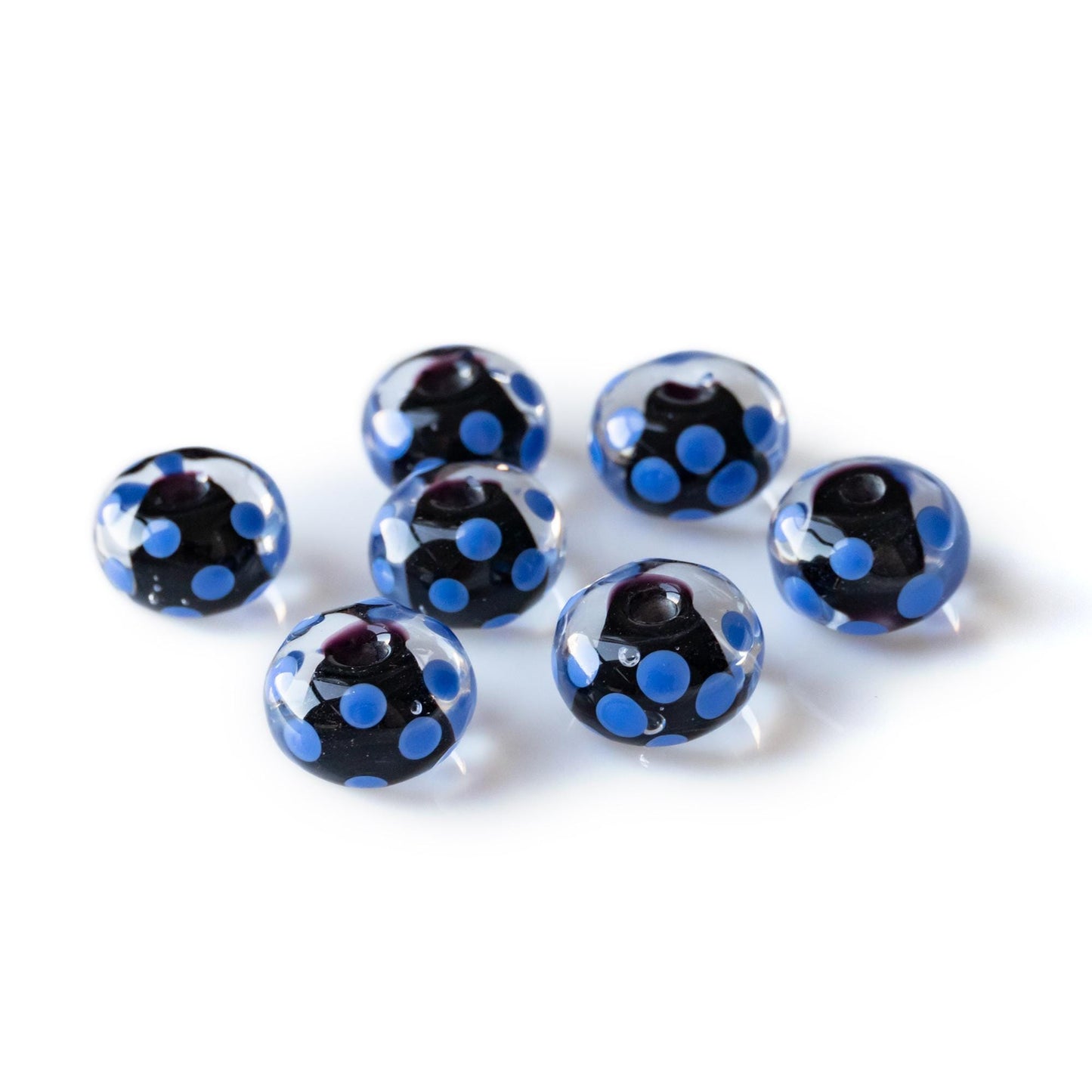 Black and Blue Periwinkle Dots Handmade Lampwork Glass Beads Set
