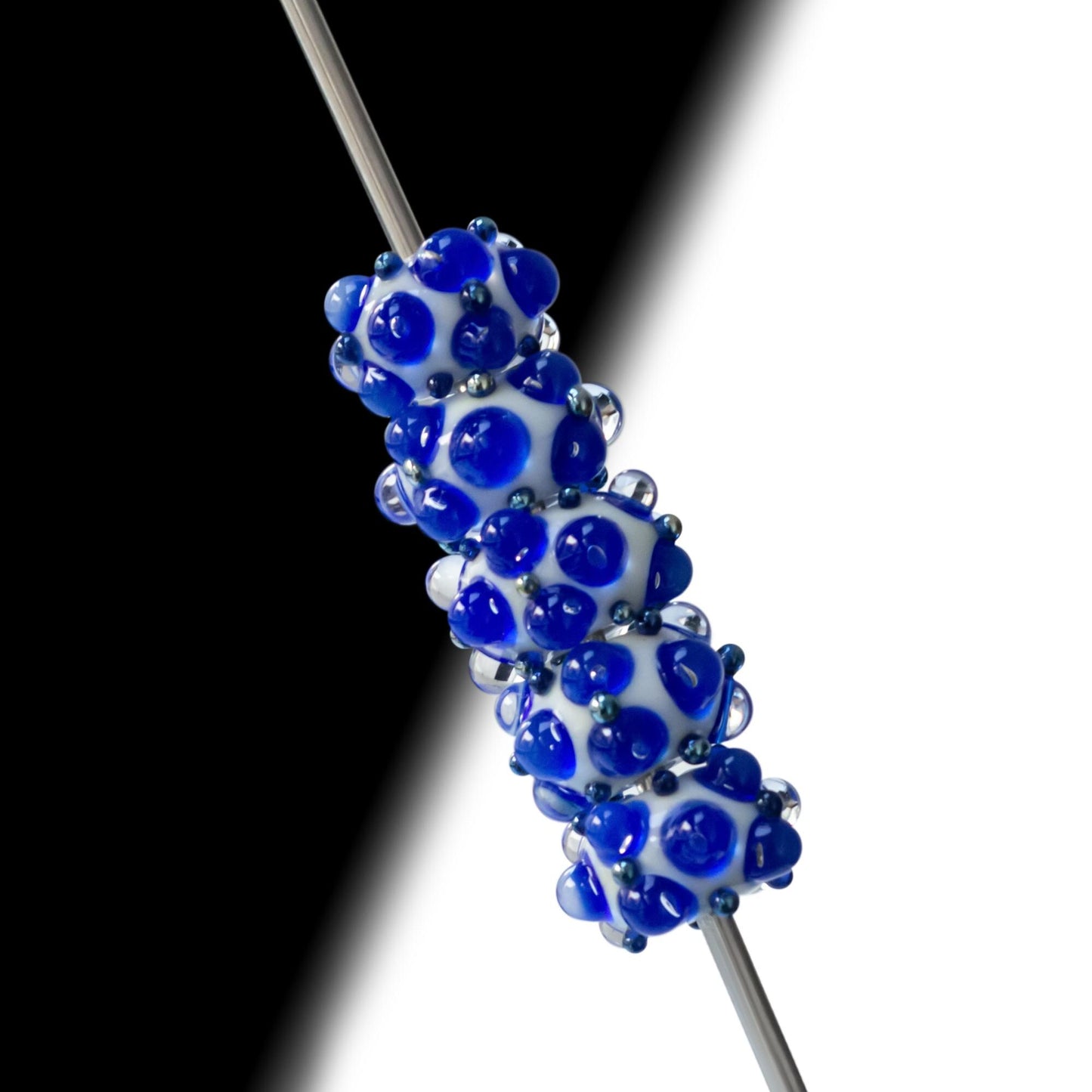 White and Blue Bumpy Handmade Lampwork Glass Focal Beads