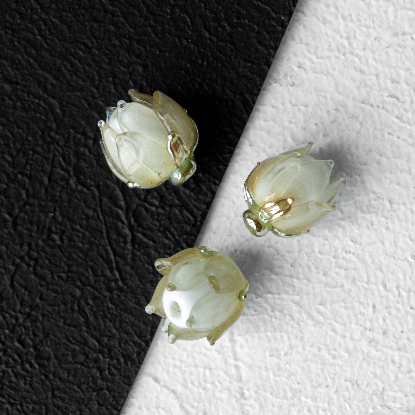 Yellow & White Shimmer Lotus Flower Lampwork Glass Bead 1pc