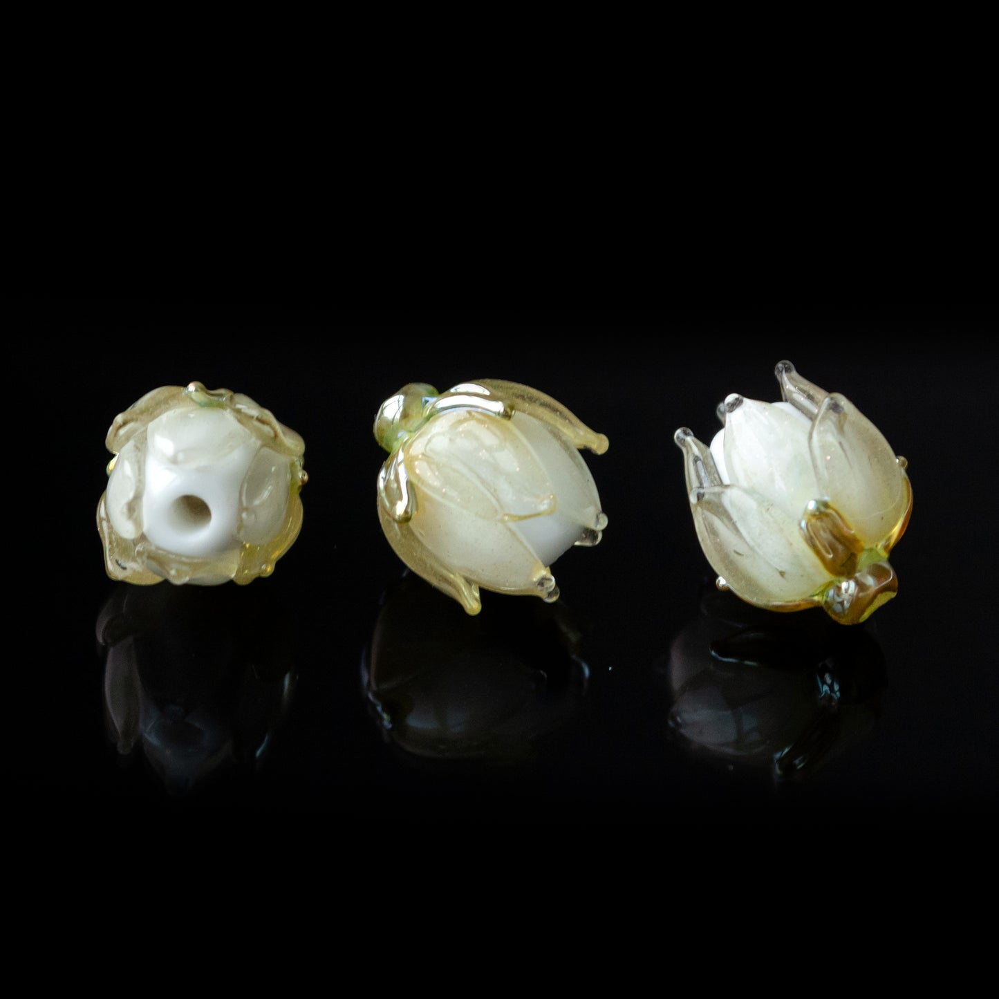 Yellow & White Shimmer Lotus Flower Lampwork Glass Bead 1pc