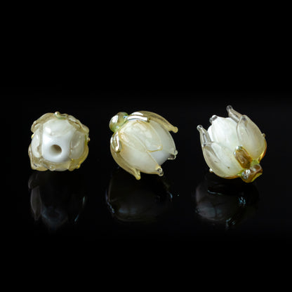 Yellow & White Shimmer Lotus Flower Lampwork Glass Bead 1pc