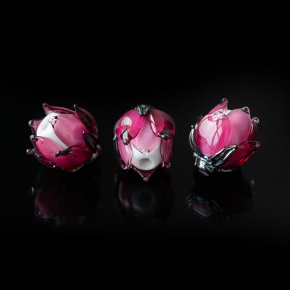 Pink Lotus Flower Bud Rose Lampwork Beads Handmade Murano Glass 1pc