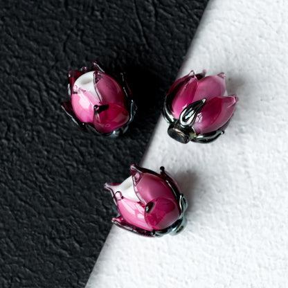 Pink Lotus Flower Bud Rose Lampwork Beads Handmade Murano Glass 1pc