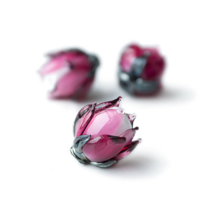 Pink Lotus Flower Bud Rose Lampwork Beads Handmade Murano Glass 1pc
