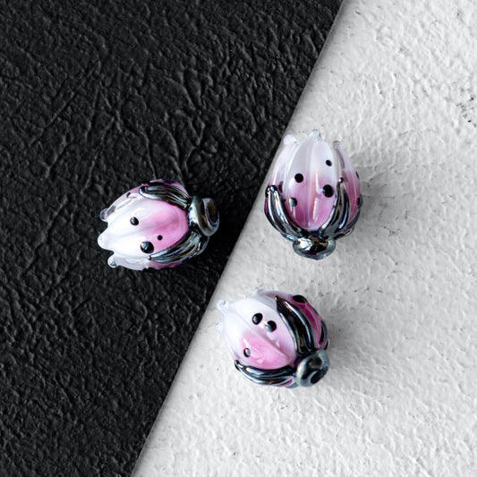 Pink Flower Bud Lampwork Glass Beads 1pc