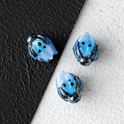 Blue Flower Bud Lampwork Glass Beads 1pc