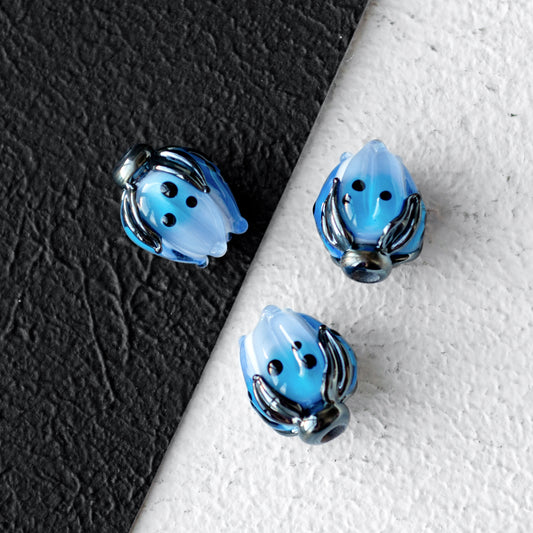 Blue Flower Bud Lampwork Glass Beads 1pc