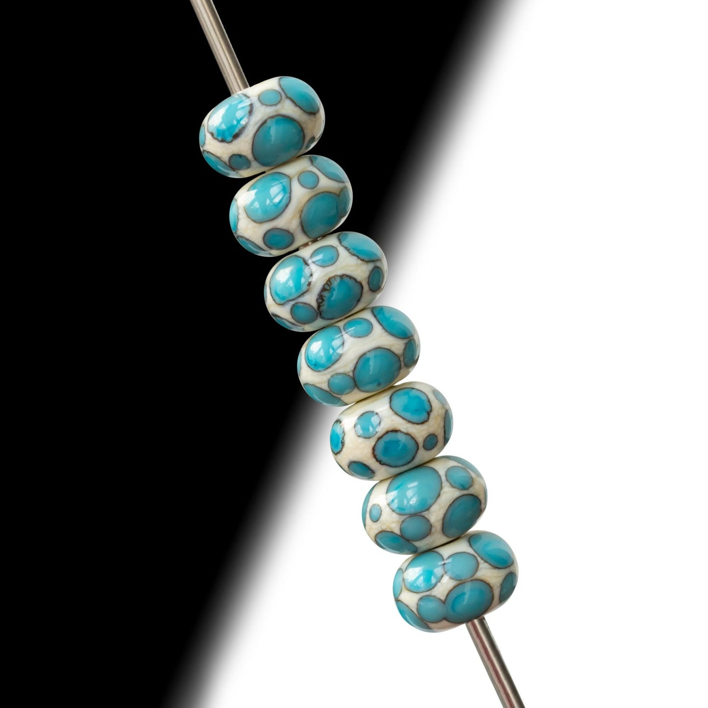 Beige and Blue Handmade Lampwork Dots Glass Spacer Beads