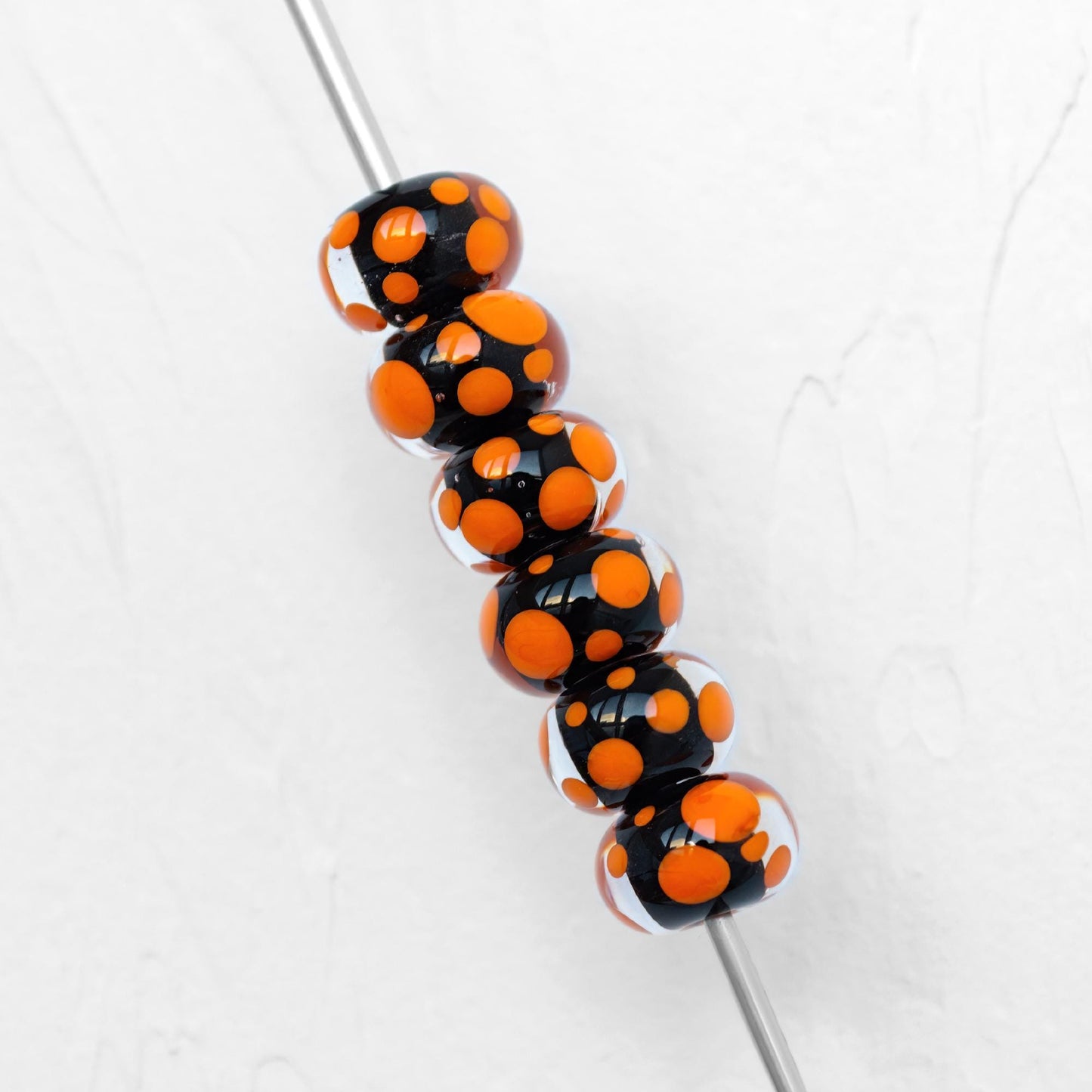 Black and Orange Polka Dot Handmade Lampwork Glass Spacer Beads Set