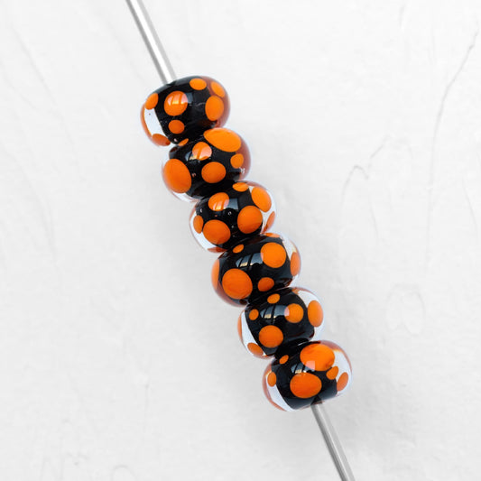 Black and Orange Polka Dot Handmade Lampwork Glass Spacer Beads Set