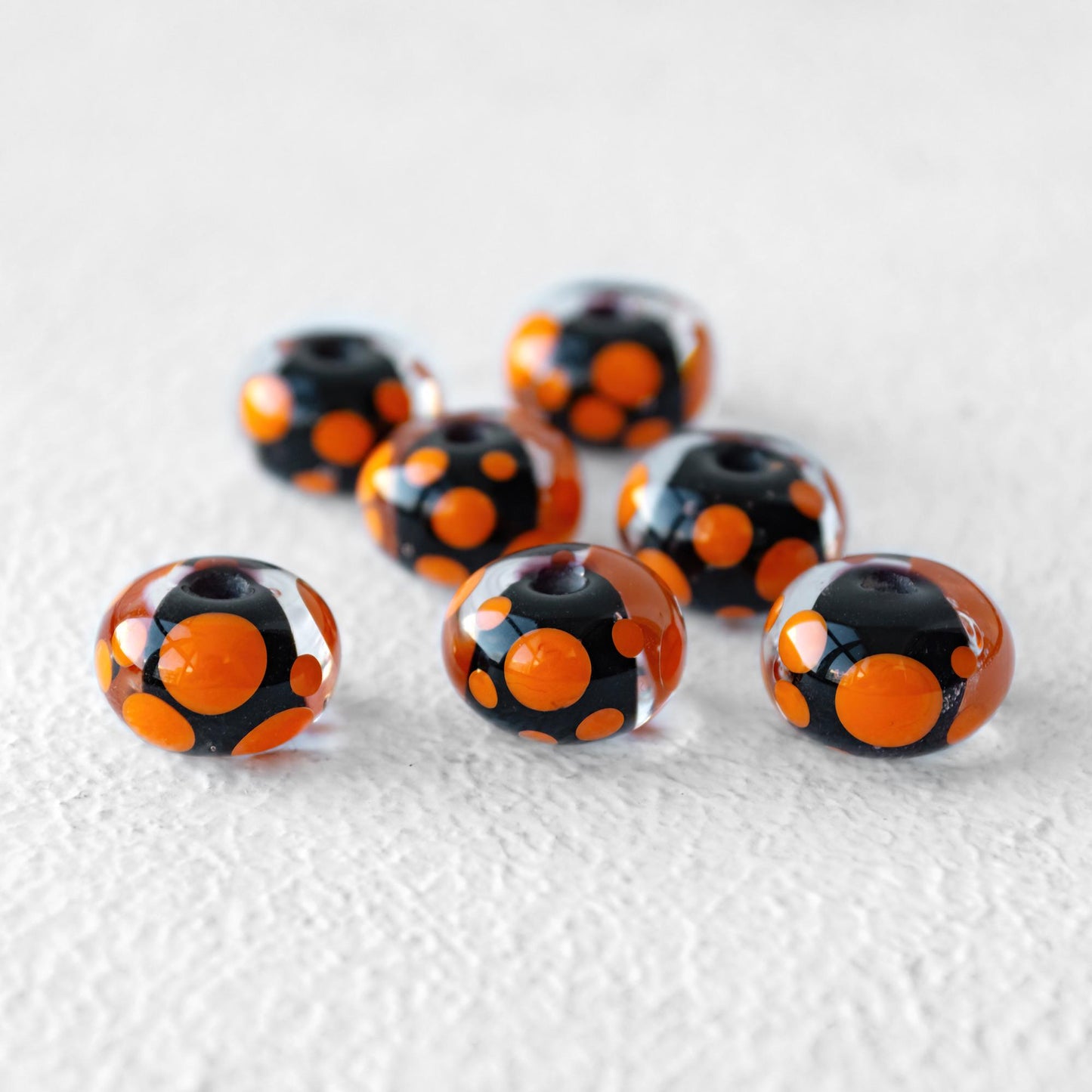 Black and Orange Polka Dot Handmade Lampwork Glass Spacer Beads Set