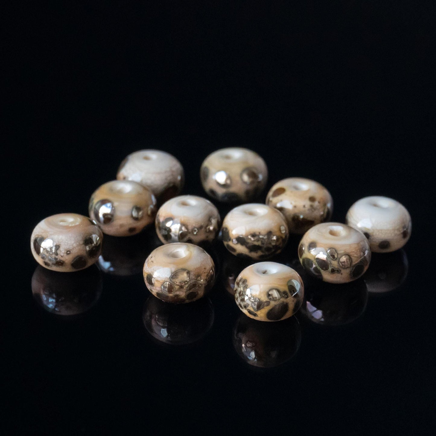 Beige Brown Ivory Handmade Lampwork Dots Glass Spacer Set