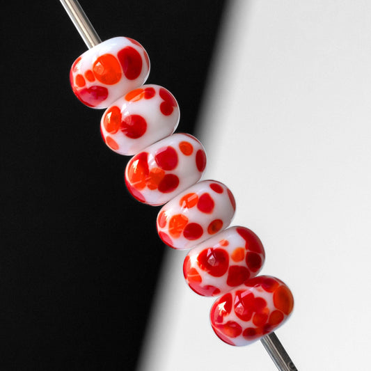 White  Red Orange Frit Handmade Lampwork Glass Spacer Set