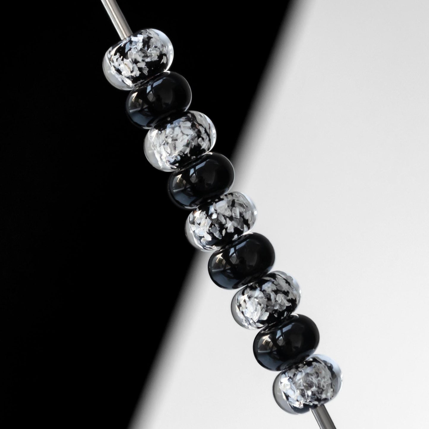 Black and Silver Flake Lampwork Beads - Handmade Glass Bead Set