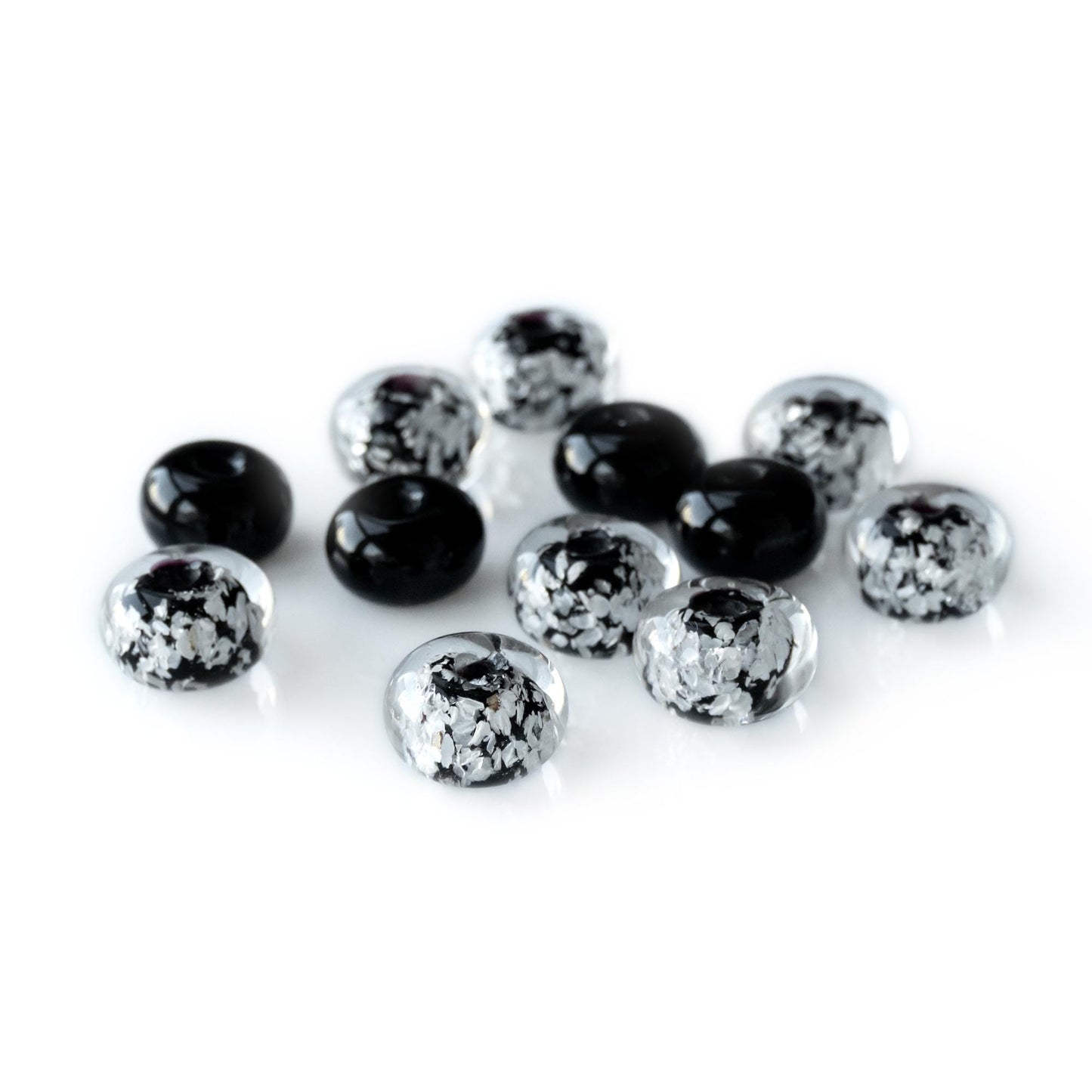 Black and Silver Flake Lampwork Beads - Handmade Glass Bead Set