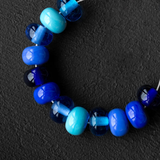 Ocean Blues Lampwork Glass Beads - Handmade Aqua Cobalt Spacer Beads (Set of 12)