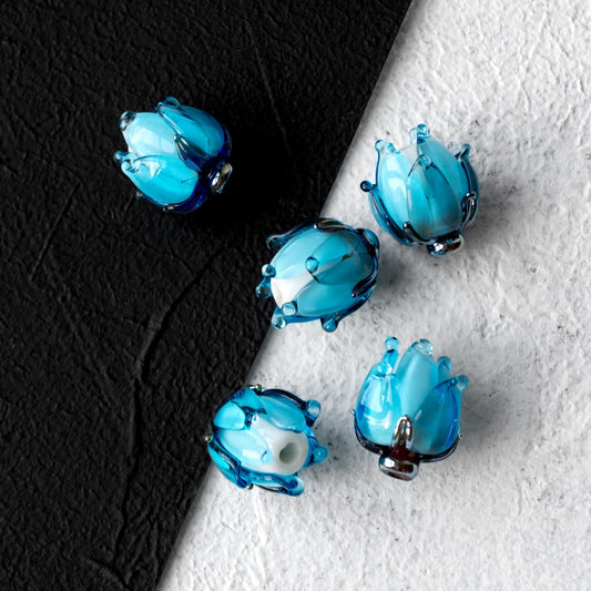 Blue Tulip Buds Handmade Lampwork Glass Flower Bead 1pc