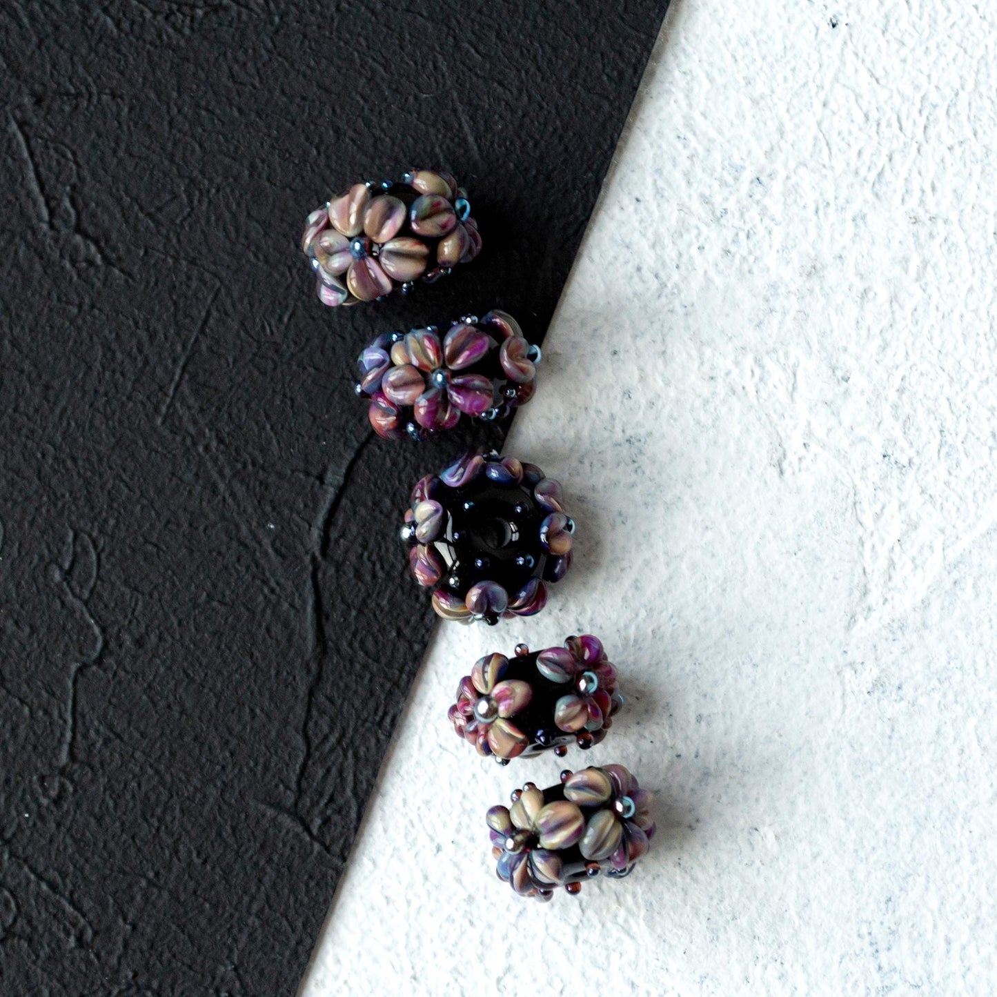 Floral Purple Pink Blue Petals Textured Handmade Lampwork Glass Bead 1pc