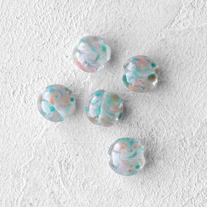 Swirled Pastel Aqua Pink White  Lentil Lampwork Glass Beads 1pc