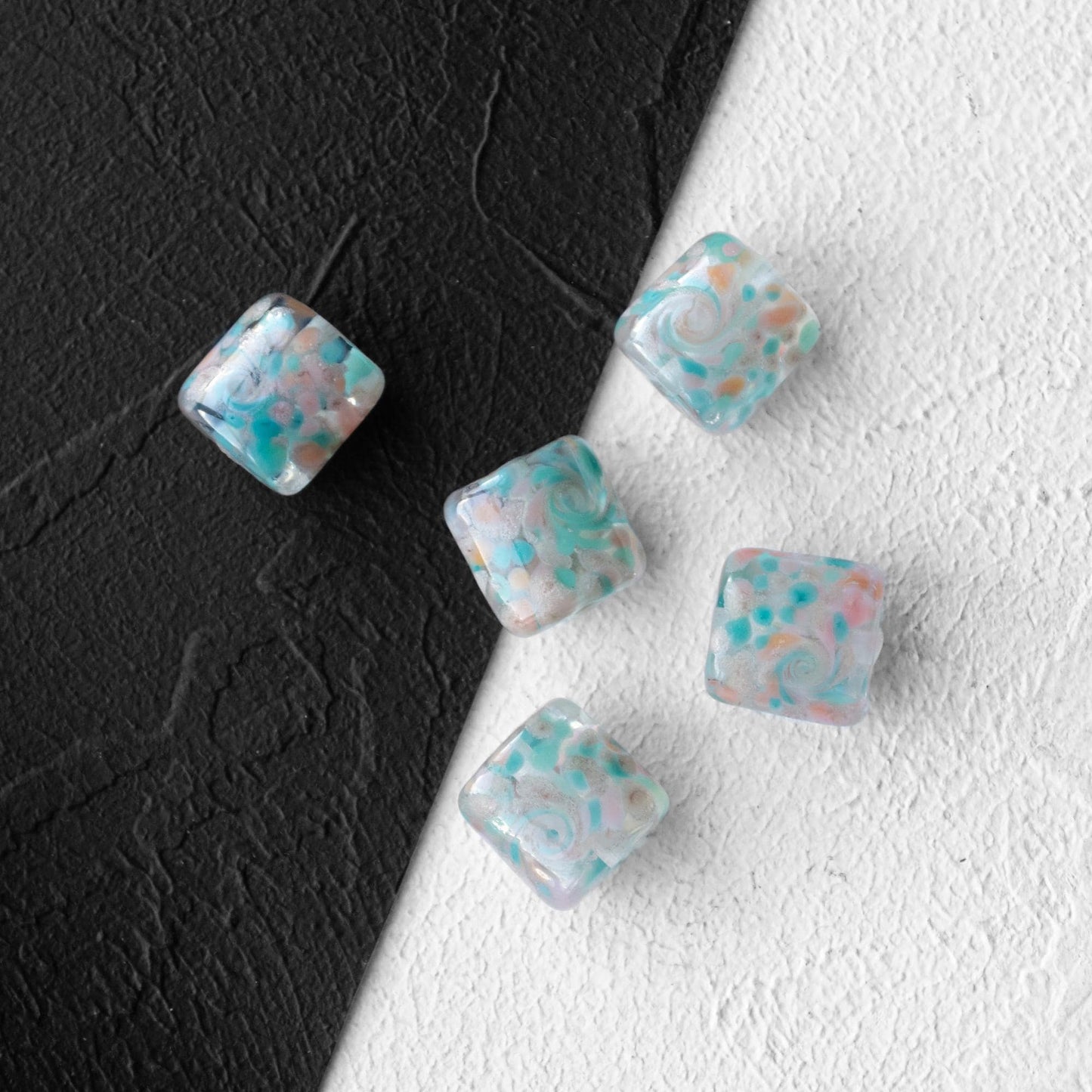 Swirled Pastel Aqua Pink White  Pillow Lampwork Glass Beads 1pc