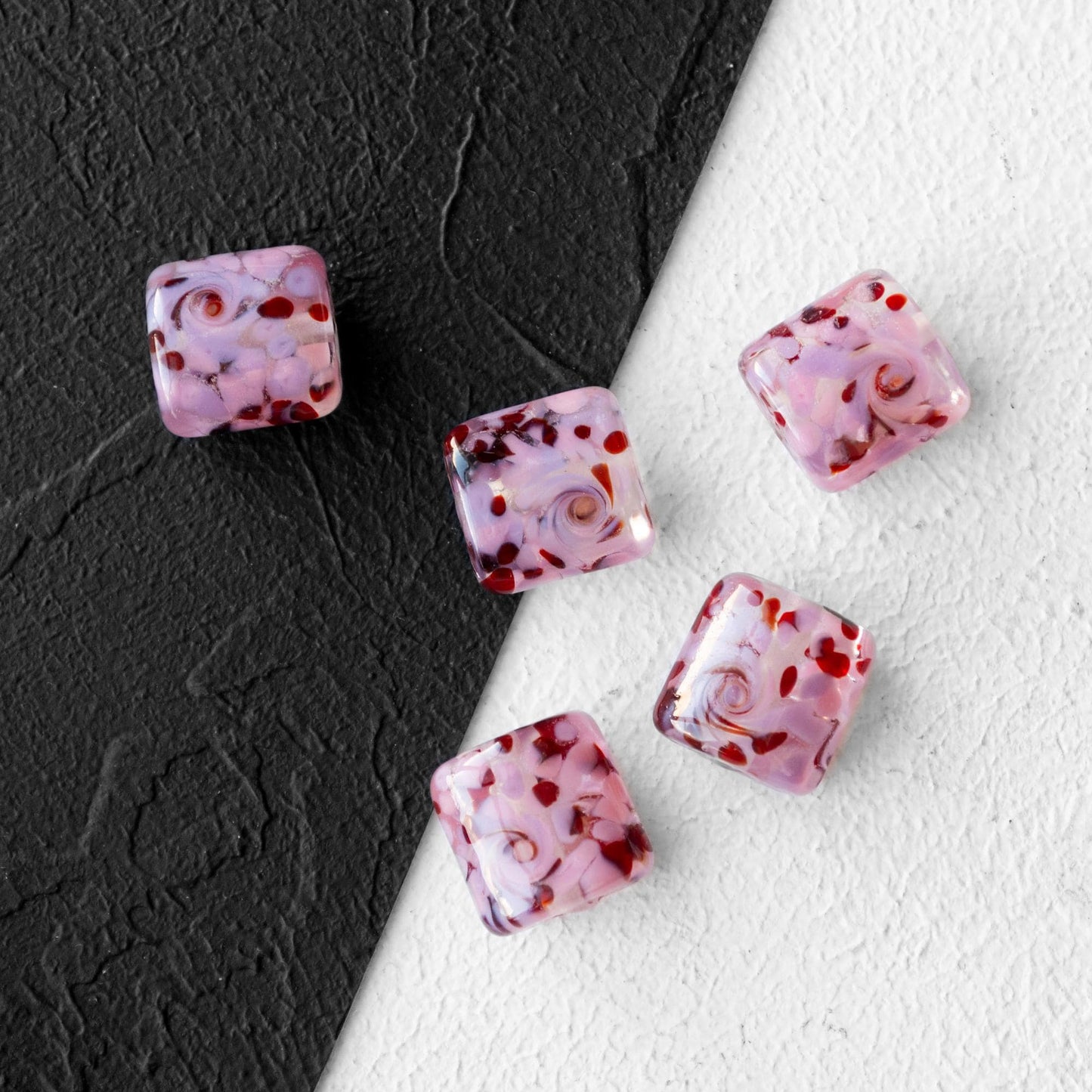 Pink Red Swirled Square Lampwork Glass Beads 1pc