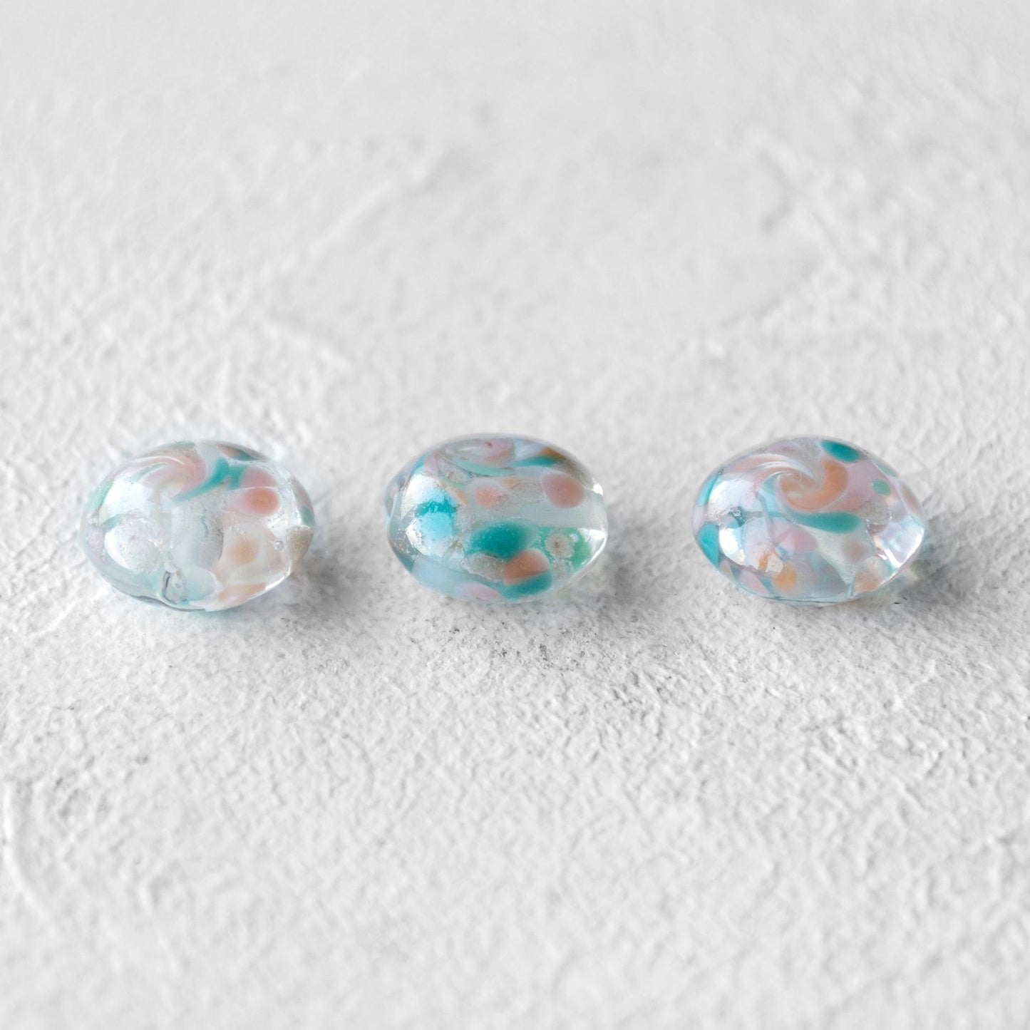 Swirled Pastel Aqua Pink White  Lentil Lampwork Glass Beads 1pc