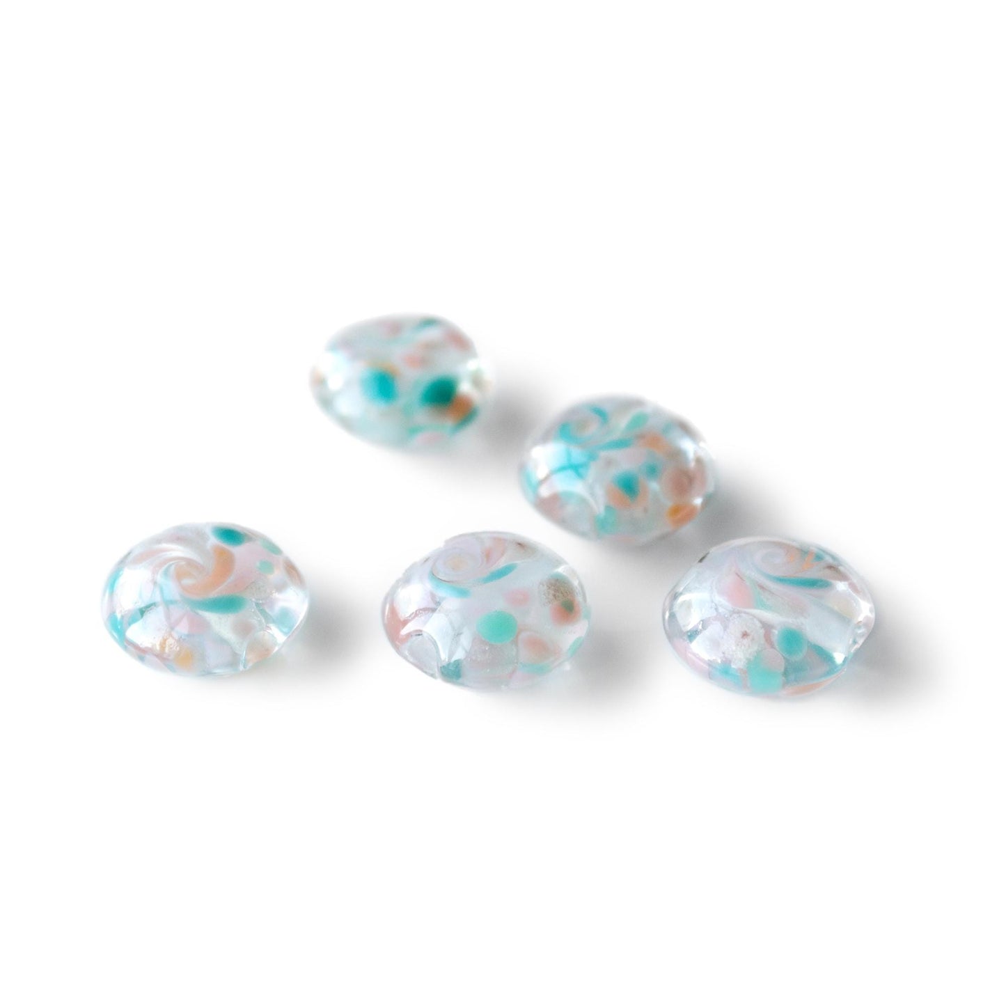 Swirled Pastel Aqua Pink White  Lentil Lampwork Glass Beads 1pc