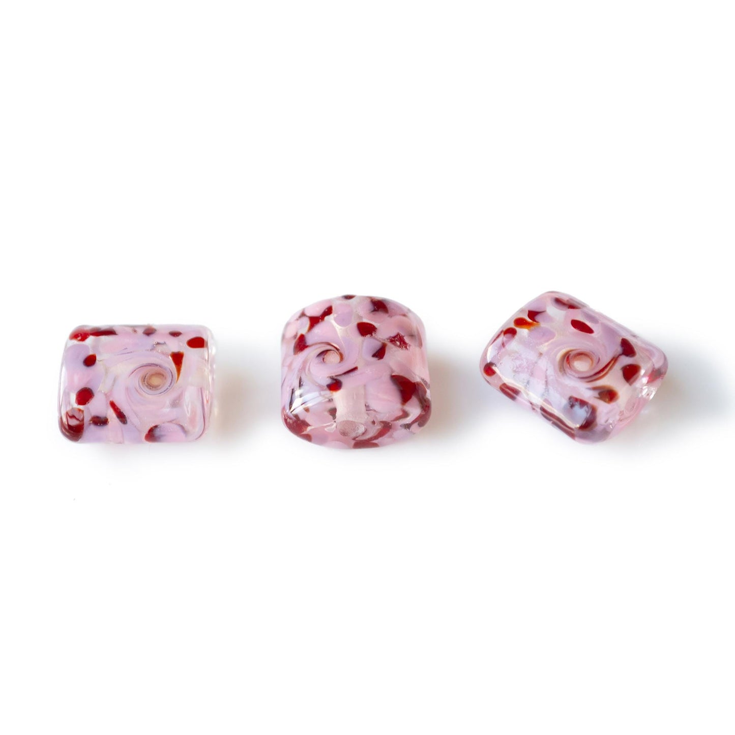 Pink Red Swirled Square Lampwork Glass Beads 1pc